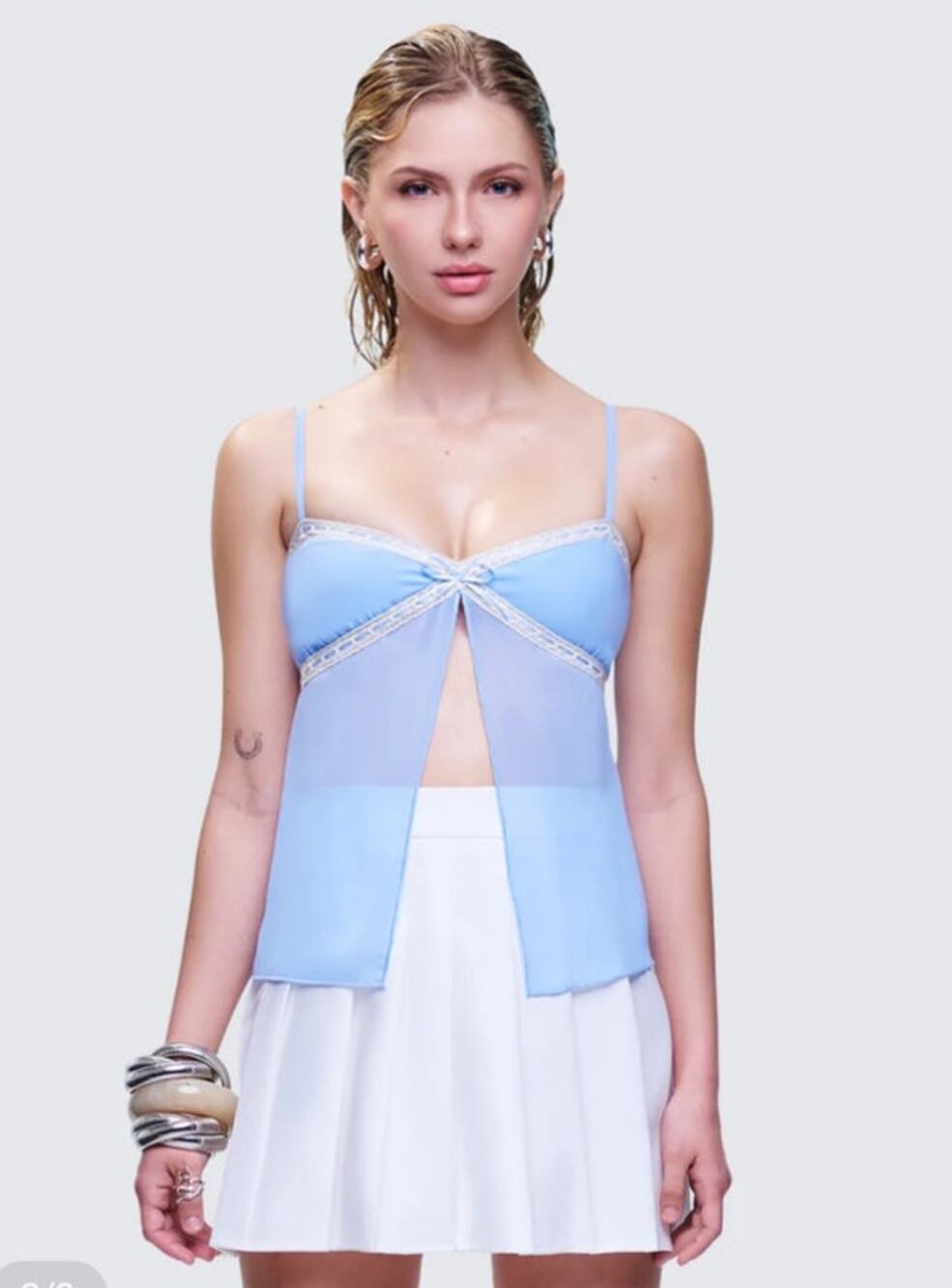 Finesse Norma Baby Blue Chiffon Cami Top Lace Trim Y2K Fairycore Size L